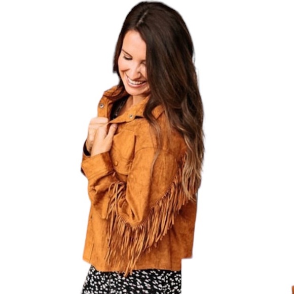 Fringed Suede Button-Front Jacket in Cognac - Picture 2 of 10